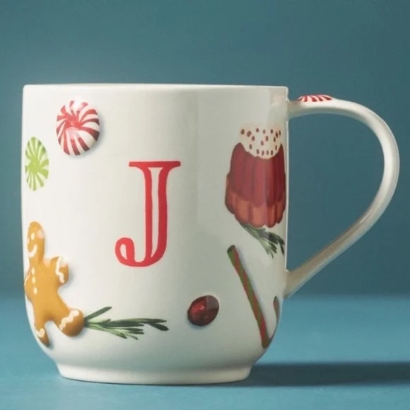 NWT Anthropologie HOLIFAYE Christmas Holiday MONOGRAM MUG  Letter J - Picture 1 of 2